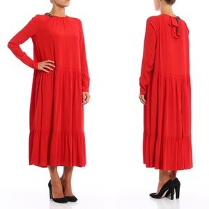 - N°21 True Red Silk Blend Jewel detailed Drop Waist Pleated long Maxi dress